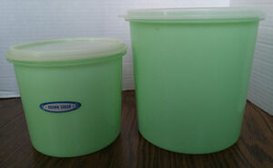 Two Eagle Super Seal Green Plastic Containers 6 1/2 inch Tall And 5 inch Tall